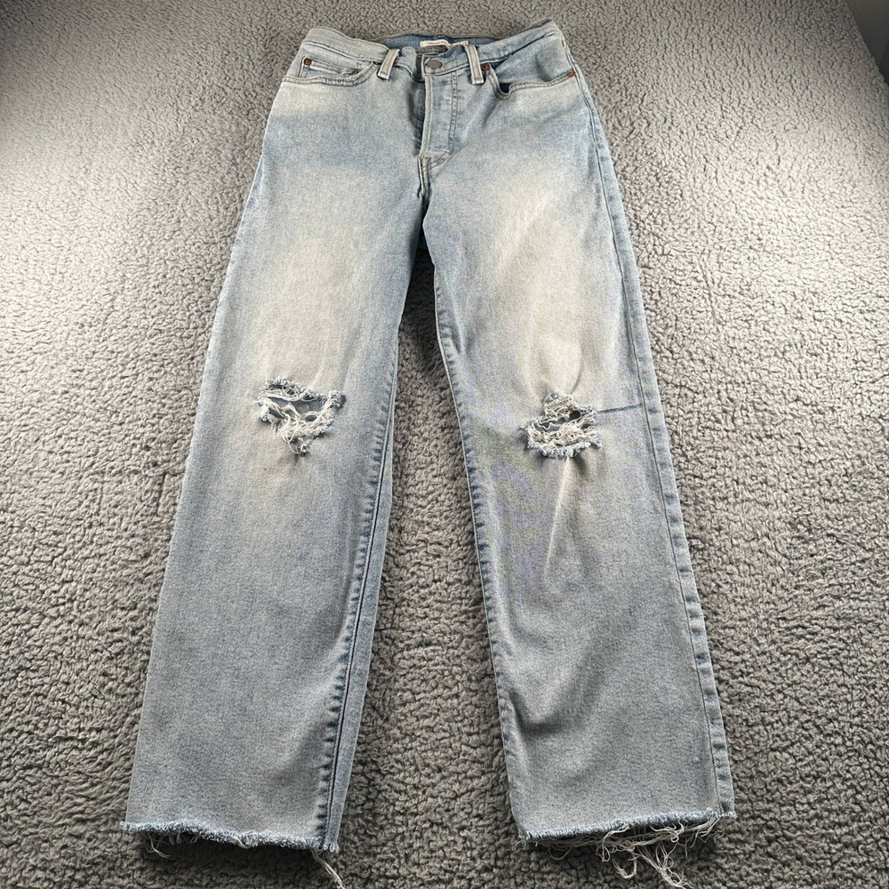 Levis Ribcage Straight Jeans Womens 27x27 Light Wash Distressed Raw Hem Knee Rip